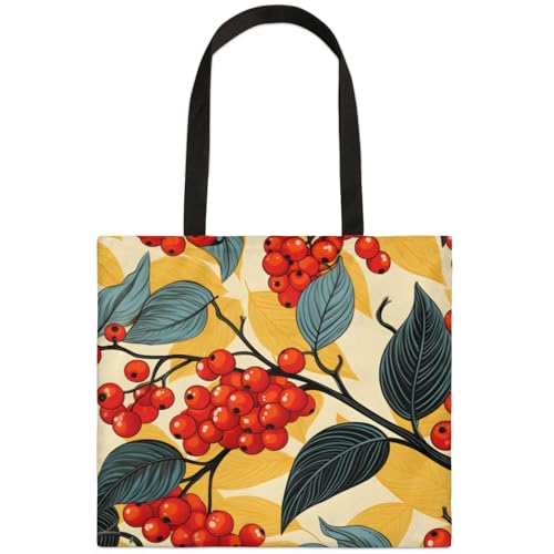 Mularoka Berry Leaves Watercolour Square Canvas Tote Bag Top Handle Purses Stylish Women Canvas Shoulder Tote Bags Reusable Handbags for Work Travel Picnic Beach Shopping Gym Hiking