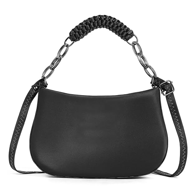Image of Black Structured Handbag with Gold Chain Handle and Woven Crossbody Strap, Faux Leather