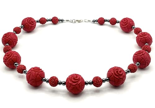 Collier ras du cou cinabre rouge et hématite grise bijoux orientaux