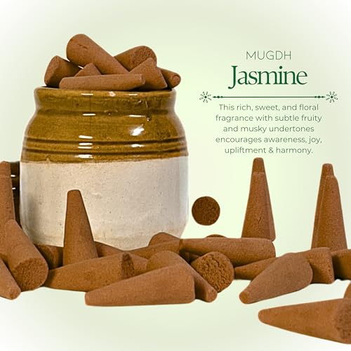 Image of Mugdh Natural Incense Cones Combo - Rose & Jasmine | Bambooless, Low Smoke, Charcoal Free Dhoop Cones | 80 Organic dhoop batti | Free Cotton Potli & Dhoop Stand | Home Fragrance, Pooja & Meditation