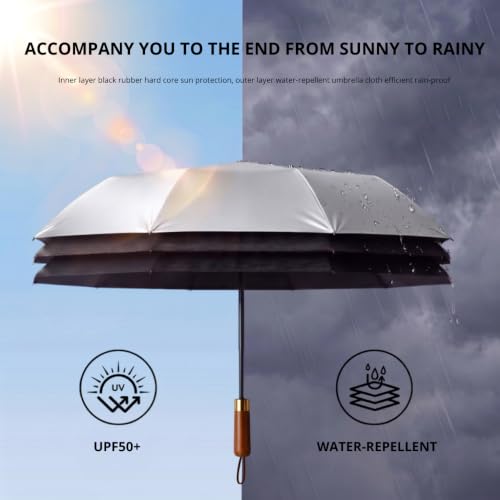 Image of ginoya brothers 3-Fold Folding Travel Umbrella with Wooden Handle Automatic Open & Close UV Protection Umbrella for Men & Women Compact Windproof Sun & Rain Protection