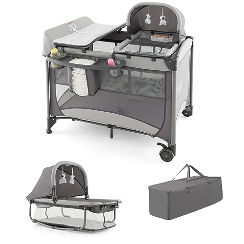 LIFEZEAL Parque Infantil de Lujo, Cuna de Viaje Multifuncional de PP para Bebé, Cuna Cama Plegable con Ruedas con Construcción de Tubo de Hierro (Gris)