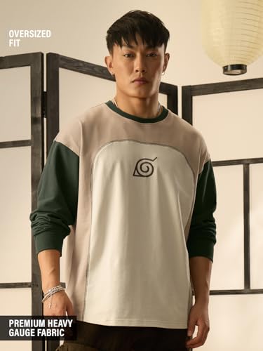 Image of The Souled Store Naruto Shippuden: Men and Boys Round Neck Colour Block Cotton Oversized Full Sleeve T-Shirts