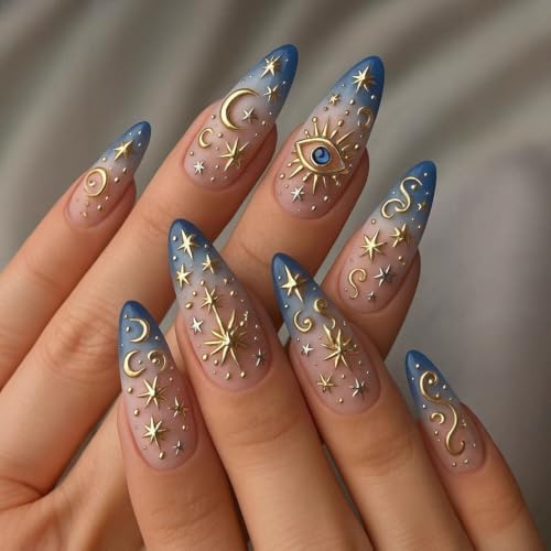 Gold Star Press on Nails Medium Almond Fake Nails Blue Ombre False Nails with 3D Eye Moon Designs Glue on Nails Gradient Acrylic Nails for Women Manicure 24Pcs