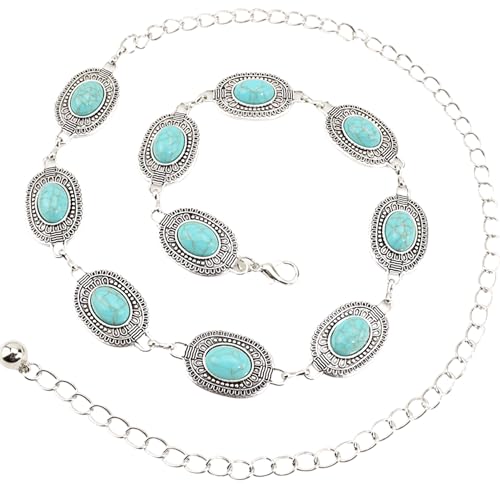 CLeemuziN Women Turquoise Concho Chain Belt Western Cowgirl Waist Chain Oval Metal Link for Concert Country Jeans Dress