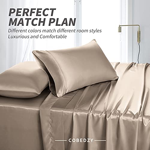 Cobedzy 4 Piece Luxury Queen Sheet Set, Soft Silky Bed Sheets Queen Set, Taupe Satin Sheet Set With 1 Deep Pocket Fitted Sheet 1 Flat Sheet 2 Satin Pillowcases #TOP5