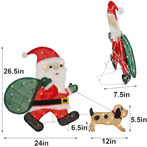 WATERGLIDE Lighted Christmas Santa Claus with Puppy, 26.5 Inch Pre-Lit 2D Tinsel Santa Walking Dog Xmas Outdoor Yard Decor with Lights, Light Up & Plug in for Festive Xmas Holiday Garden Lawn Display