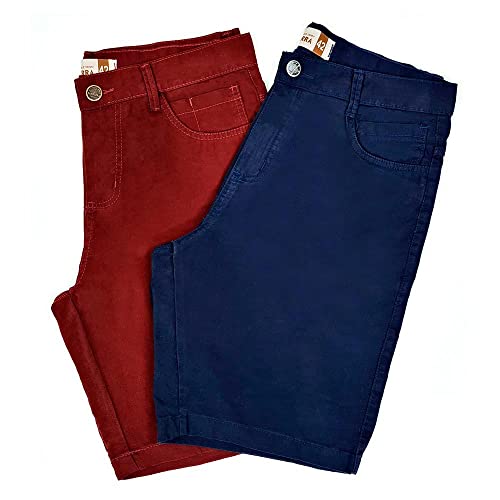 Kit Com 2 Bermudas Masculinas Coloridas Sarja Bamborra Cor:Marinho/Vinho;Tamanho:44