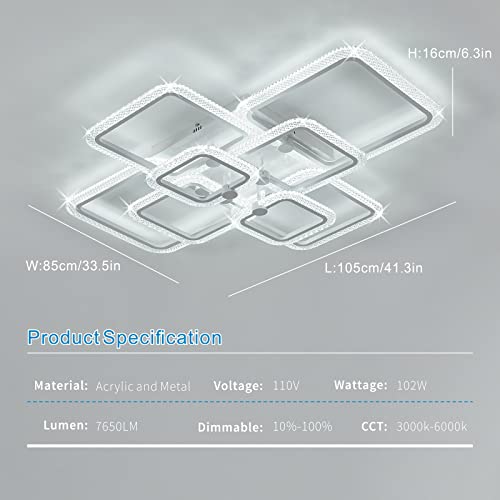 41.3In Modern Led Ceiling Light Dimmable Crystal Style Acrylic Ceiling Lights,102W White Flush Mount Ceiling Light Fixtures,8 Square Frame With Remote Ceiling Lamps For Living Room Kitchen Bedroom #TOP1