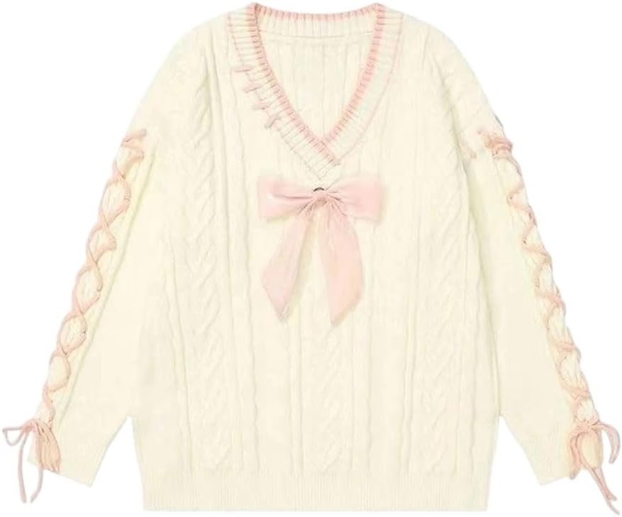 Women's O-Neck Sweet Bow Knitted Sweater Pullover Fall Winter V-Neck Oversize Loose Jumpers