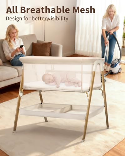 Baby Bassinet, Bedside Bassinet for Baby, Bassinet Bedside Sleeper with Mattress, Storage Basket and 4 Auto-Lock Wheels, Full-Mesh Sides, Bedside Mini Crib for Newborn (Beige) - Image 5