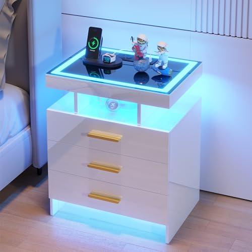 Image of HNEBC LED Nightstand with Charging Station,Smart Bedside Table with Motion Sensor Lights,3 Drawers,Tempered Glass Top,High Gloss End Table with 3 Color Lights for Bedroom, Living Room,Office-White