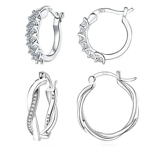 Sfoni Silver Hoops Earrings for Women - 925 Sterling Silver Hoop Earrings - Small Silver Hoop Earrings Set, Diameter in 13/15/20mm, 14K white gold plated,