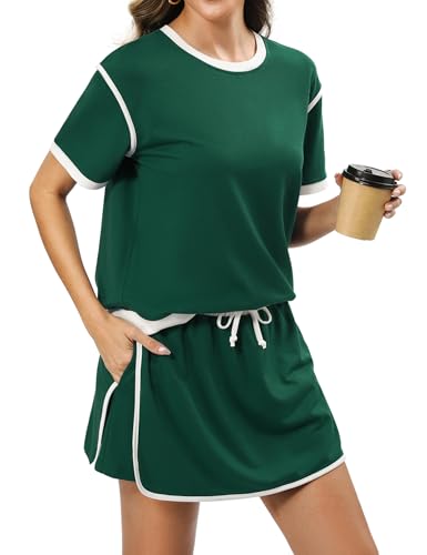 Marvmys Womens 2 Piece Skirt Set Colorblock Short Sleeve T-Shirt and Skort Matching Set Summer Airport Outfits Dark Green 2XL — view 3