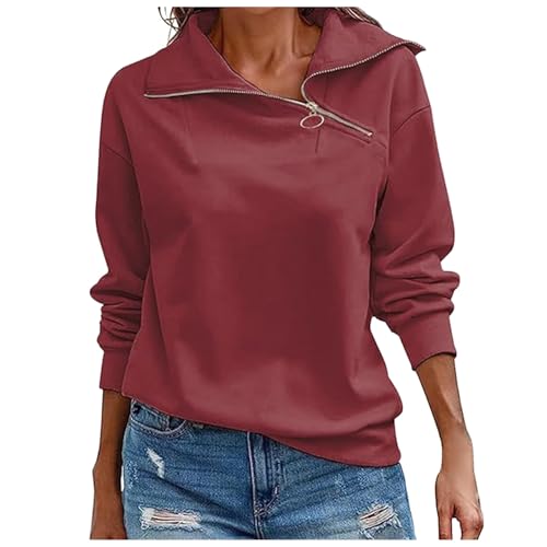 Generisch Jersey Mujer Cuello Alto Manga Larga Y Cuello 1/4 Con Cremallera Primavera Sudadera Tops Top Jersey Delantero Corto Trasero, rojo, M