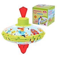 Beeqoo Fun Farm Spinning Top Tin Toy for Kids – Retro Classic Toys - Toddler Traditional Spin Tops - Metal Fidget Spinner for Kindergarten – Sensory Gyroscope - Novelty Present Party Favors