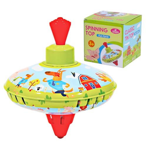 Beeqoo Fun Farm Spinning Top Tin Toy for Kids â€“ Retro Classic Toys - Toddler Traditional Spin Tops - Metal Fidget Spinner for Kindergarten â€“ Sensory Gyroscope - Novelty Present Party Favors