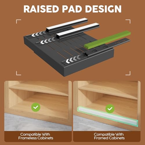 4Pack Expandable Pull Out Cabinet Organizer 21"Deep With Raising Pad for Framed Cabinets,Slide Out Drawers with 4pcs Divider Racks,Roll Out Shelves Adhesive,Adjustable Width 12.05"-20.4"Black