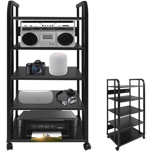 5-Tier AV Media Stand with Wheels, Adjustable Audio-Video Shelving Audio Rack Media Shelves Modern Black Stereo Cabinet Stereo Stand for Home Office Theater