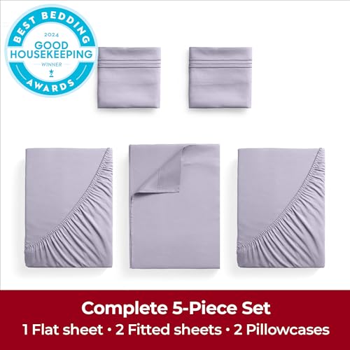 Image of Mellanni Extra Deep Split King Sheets - 5 PC Iconic Collection Bedding | Hotel Luxury, Ultra Soft, Cooling Bed Sheets - Wrinkle, Fade, Stain Resistant (Split King, Lavender)