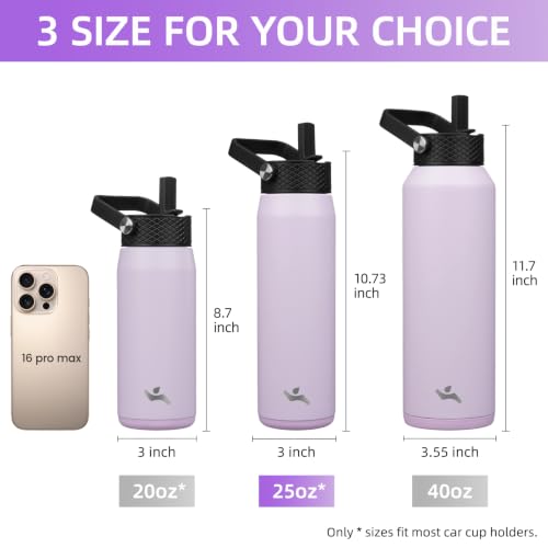 Image of Konokyo 25oz Insulated Stainless Steel Water Bottle with 3 Lids, Leakproof BPA-Free Bottle with Straw Lid, Sip Lid and Flex Cap for Gym, Travel, School, Office, Taro Purple
