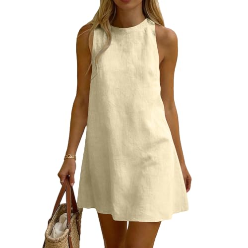 Linen Shift Dress for Women, Sleeveless A Line Mini Cotton Sundress Beige