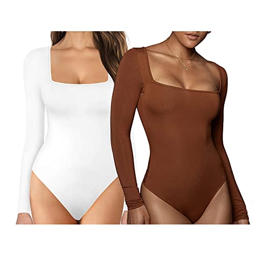 Bigfox Women Square Neck Bodysuit, Sexy Long Sleeve Bodysuit Women Stretchy Leotard Jumpsuit Tops (2 Pack) (Brown&White, M) #TOP7