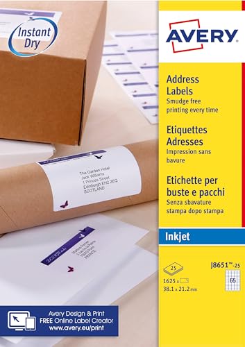 Avery Quickdry, Printable, Address Labels, Customisable, 38.1 x 21.2 mm, White, 65 Labels per Sheet, 1625 Blank Labels per Pack (‎J8651-25)