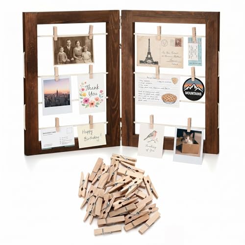 Geelin 14 x 20 Inch Photo Display Board with Clip Farmhouse Picture Display Wooden Rustic Freestanding Picture Collage Frame Wedding Tabletop Decor for Home Dorm (2 Panel,Brown)