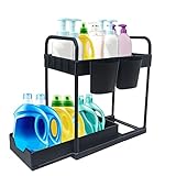 2 Etagen Unter Waschbecken Regal, Spülschrankregal Küche Organizer Arbeitsplatte Regal Unterschrankregal mit Schiebeschublade Gewürzregal Spülschrank Organizer mit 2 Tasse 4 Haken