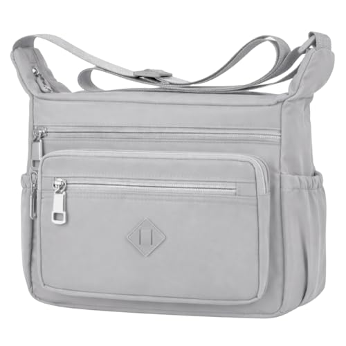 Bolsa Feminina Pequena Transversal em Nylon Crossbody Bolsa de Ombro com Alça à prova d'água, Bolsa de ombro leve Multi Bolsos Tiracolo (Cinza)
