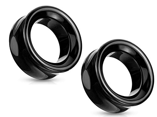 Pierced Owl - Black Agate Natural Stone Double Flared Saddle Tunnels, Sold as a Pair