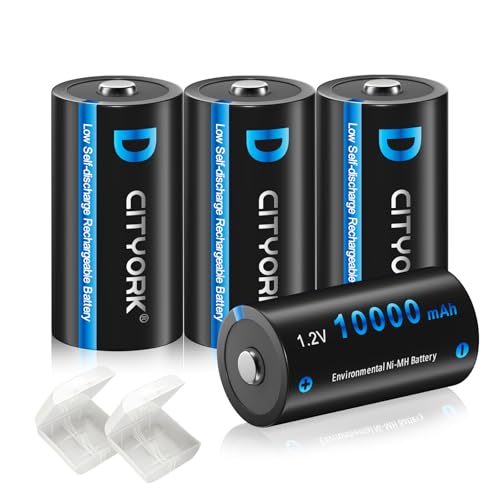CITYORK D batterie ricaricabili, alta capacità 10000 mAh, NiMH 1,2 V, celle D, batteria ricaricabile con bassa autoscarica (4 pezzi)