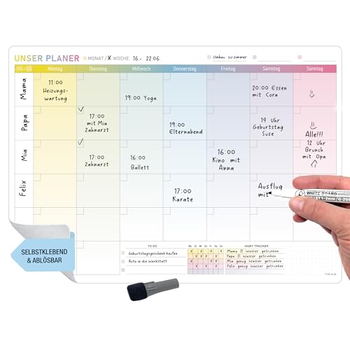 TOBJA Monatsplaner abwischbar – A3 selbsthaftender Wochenplaner mit einem abwischbaren Stift – Whiteboard Planer für Wand, Kühlschrank & Tür – Familienkalender (inkl. 1 Stift)