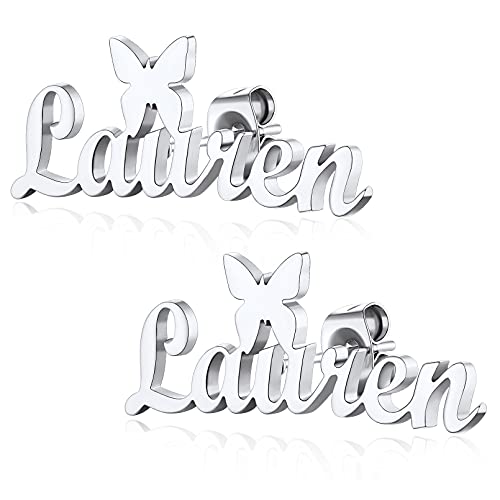 Custom4U Name Earrings Personalized for Women Stainless Steel/925 Sterling Silver/Gold Plated Custom Made Stud Earrings with Monogram Initials Letters/Nameplated Customized Jewelry (Gift Box