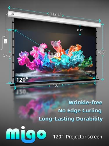 Image of MIGO 120 Inch Projector Screen Pull Down, 2.0 Gain 4K HD Tab-Tension Motorized Partial Ambient Light Projector Screen Wall /Ceiling Mount for Short Throw Projector Indoor Home Theater Cinema Office