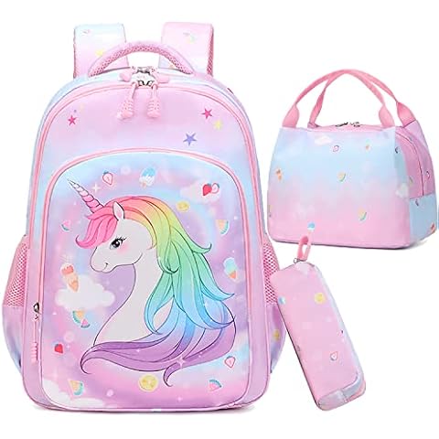 Girls' Primary Backpack for Girls Children Elementary Unicorn School Bags 3 Pieces with Lunch Bags and Pencil Case for CP CE1 CM1 CM2 School Students, Unicorn Pink A, kids backpack Cover