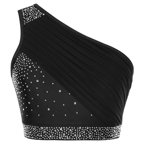 ranrann - ranrann Femme Haut Danse Patinage Artistique Débardeur Une Epaule Strass Crop Top Danse Contemporaine A Noir S