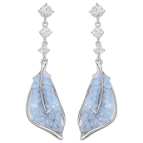 Boucles d'oreilles feuille bleue en argent S925 et cristal pour femme