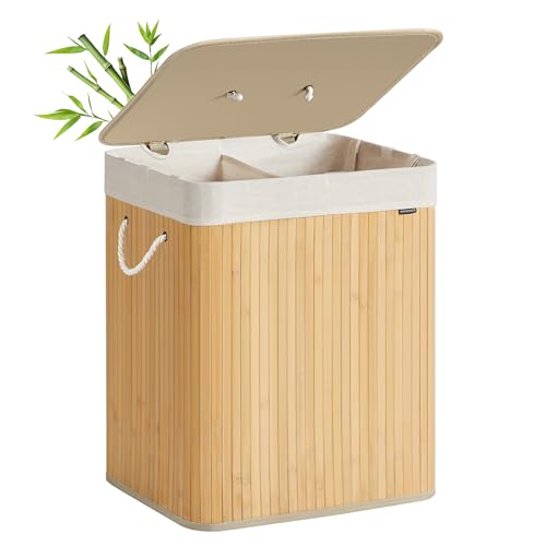 SONGMICS Panier à Linge avec Couvercle, 2 Compartiments, 120 L, Corbeille à Linge Sale en Bambou, Pliable, Sac Amovible et Lavable en Machine, avec Poignées, pour Buanderie, Chambre, Naturel LCB014Y01