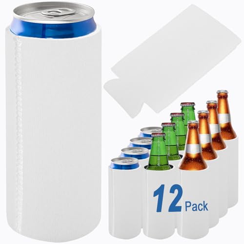 CenterZ 12pack Slim Can Cooler Sleeves, Insulated 12oz Skinny Tall Beer Coke Cola Soda Bottles Cans Coolers Holder Sleeve, Nonslip Neoprene Collapsible Ice Cold Beverage Bulk Sublimation Blank (White)
