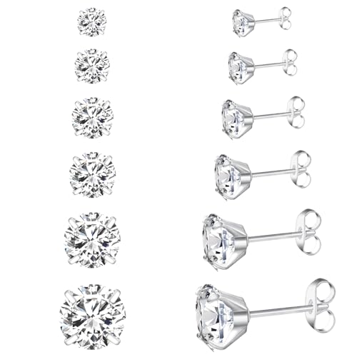 6-Pair Hypoallergenic Back Stud Earrings Set for Sensitive Ears, 316L Stainless Steel Cubic Zirconia Jewelry (3-8mm) with Secure Lock for–Unisex Gift for Women & Men, Travel