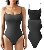 HYZ Women's Summer Two Piece Leotard Sexy Sleeveless Spaghetti Strap Soft Basic Thong Bodysuit Tops Black Drakgrey