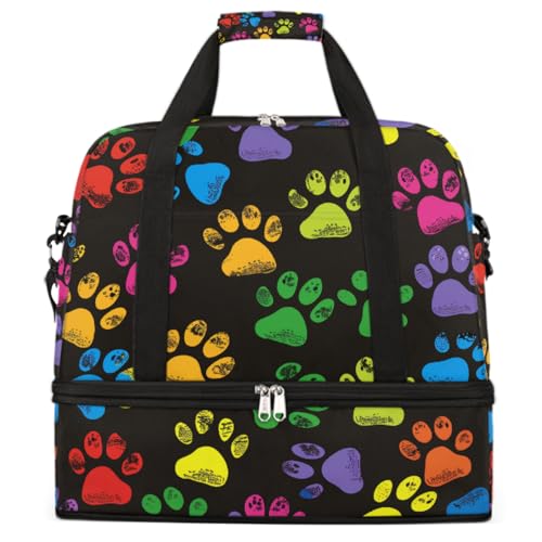 Foldable Carry On Bag for Travel, Expandable Duffle Bag with Shoe Compartment, Colorful Paw Print Lightweight Sports Gym Tote with Trolley Sleeve
