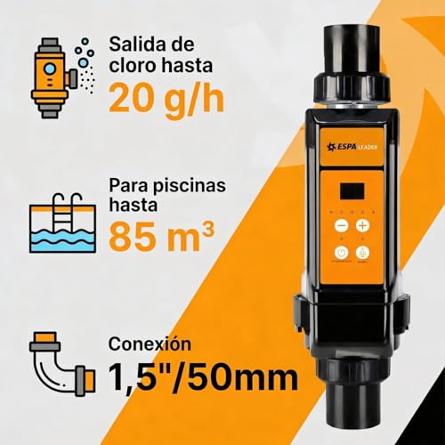 Miniatura 2 de Espa Leader Clorador Salino Para Piscinas 20g Dosificador De Cloro Por Electrólisis Salina, Hasta 85 M , Producción De Cloro 20 G H, Autolimpieza Por Inversión De Polaridad, Función De Memoria