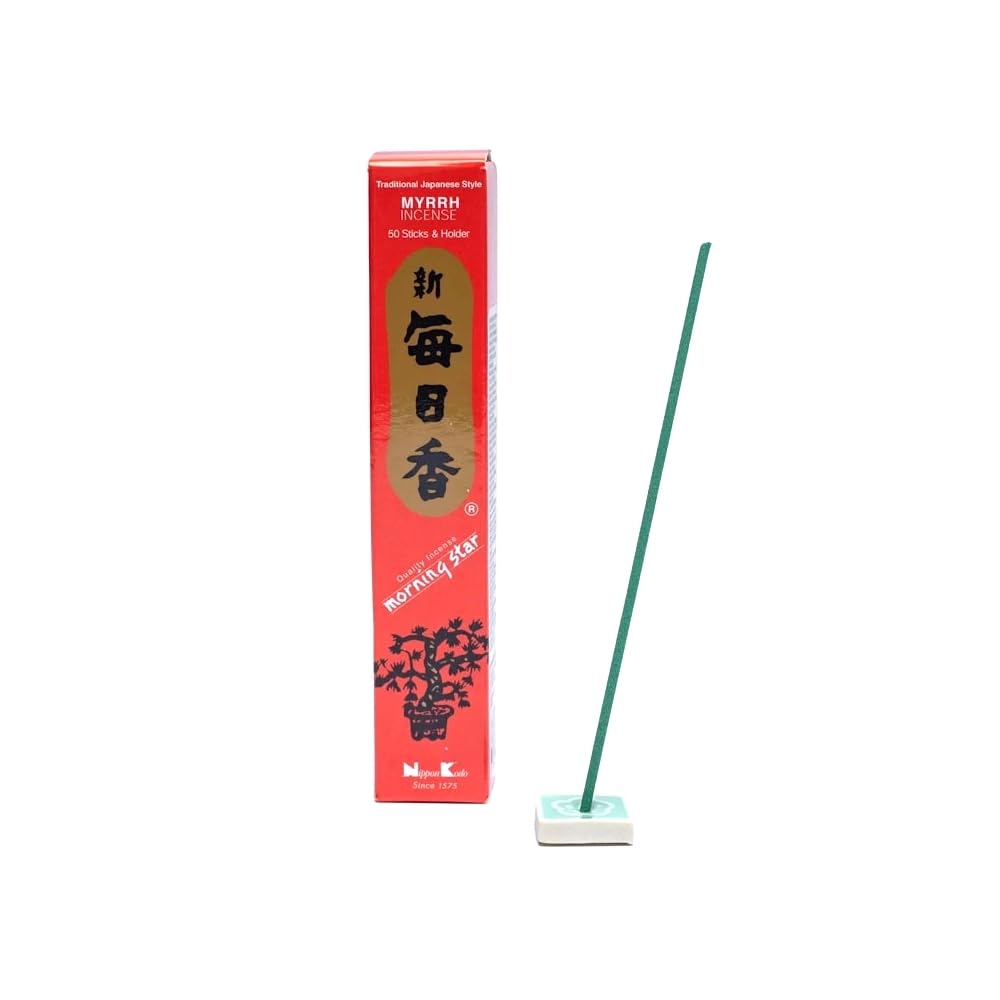 Morning Star Japanese Incense Myrrh Incense Sticks & Holder 20g (50 Short Sticks)