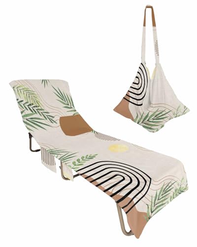 Boho Leaves Beach Chair Towel Covers for Chaise Lounge with Side Pocket, Soft Plush Pool Towels Cover for Patio Sunbathing Outdoor 29''x85'' Abstract Geometric Vintage Brown Black
