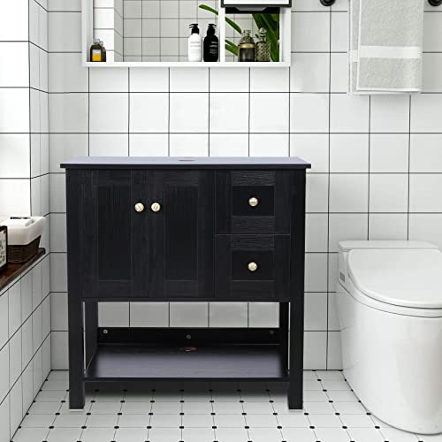 Uev 31.5 Inch Bathroom Vanity,Modern Stand Pedestal Cabinet,Floor-To-Ceiling Bathroom Cabinet,Black Vanity With Soft Closing Doors & 2 Full Extension Drawers,Thickness Board,Without Mirror #TOP5