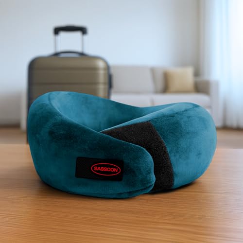 Image of Sassoon | Neck Pillow for Travelling |Memory Foam Travel Neck Pillow | with Adjustable Velcro Strap | Perfect for Airplane, Car, Train, Bus Travel with Cover & Machine Washable - Teal, Standard Size