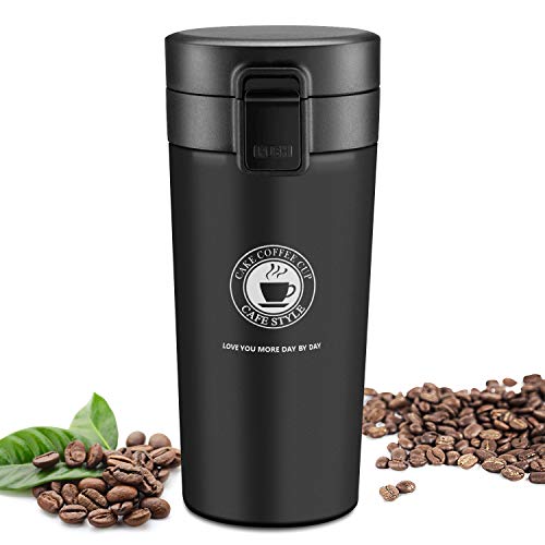 JEEZAO Taza de Viaje, Termo Taza Café 380ML, Frasco de Vacío de Acero Inoxidable,Aislado al Vacío,a Prueba de Fugas,sin BPA (Negro)